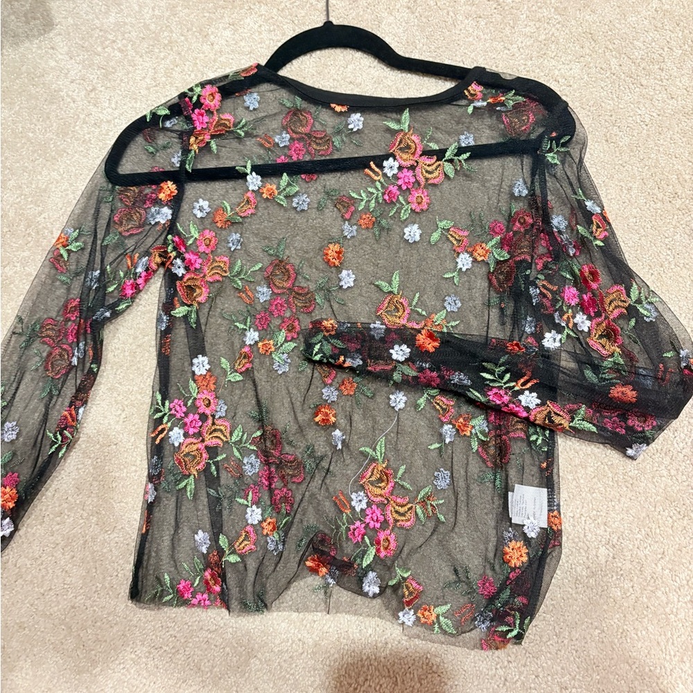 Floral Embroidered Sheer Black Top